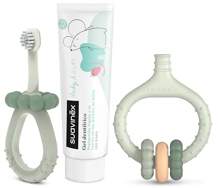Suavinex, Set Inicio Cuidado Dental, Incluye: Cepillo de Dientes para Bebés + Masajeador Encías + Pasta de Dientes para Bebés, para Regalar, Mangos Ergonómicos, Uso Diario, +0 Meses, Verde