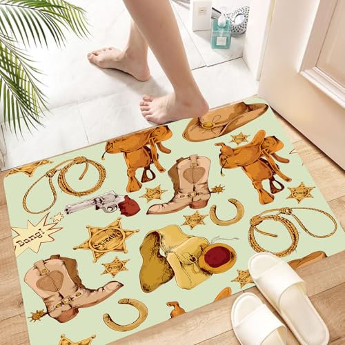 HKPOEQ Super Absorbierende Badezimmerteppich Waschbar Schnelltrocknende Badvorleger Duschvorleger für Badezimmer,Western-Dekor, Wild-West-Cowboy, nahtloses Muster mit Lasso, Pferdesattel, S,60x100 cm