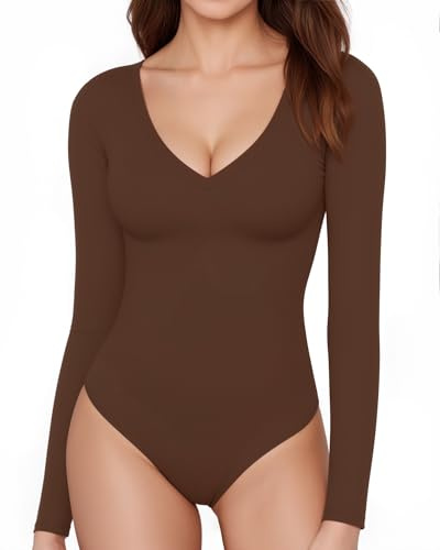 ALGALAROUND Langarm Body Damen V-ausschnitt Langarmbody Langarmshirt Tops für Damen Oberteile Elegant Sexy Pullover Bodysuit Oben Braun S