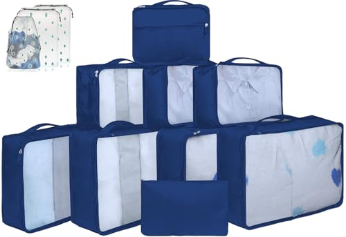 10 cubi da imballaggio per valigie – organizer per bagagli in varie dimensioni – Set di cubi da viaggio in rete in colori assortiti, 12 misure assortite blu navy