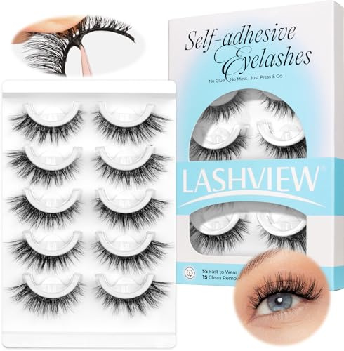 LASHVIEW Selbstklebende Wimpern 5 Paare Natürlicher Look Press-on Künstliche Wimpern ohne Kleber Wiederverwendbar Cat Eye Wispy Pre Glued Fake Lashes mit Ersatzklebstreifen (CV131)