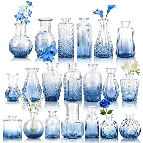 BTSD-home 20 Stück Blaue Vasen Klein Tischdeko zur Wohnzimmerdeko | Farbige Glasakzente Auch ohne Blumen dekorativ Als Diffuserflasche Kerzenhalter nutzbar Büro Schreibtischdekoration