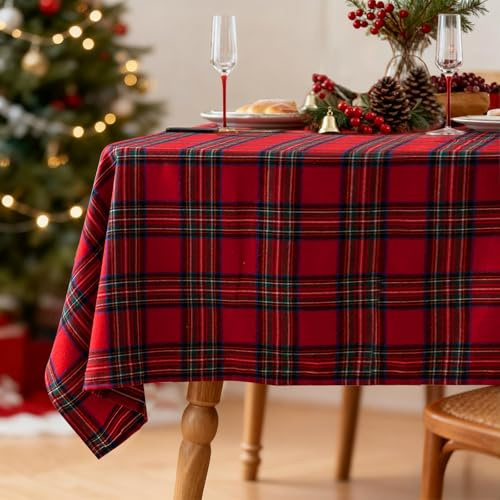 Tischdecke Weihnachten 140x200cm, Karierte Weihnachtstischdecke Abwaschbar, Rechteckig Weihnachts Tischdecke für Party Tischdeko Küche Hochzeit Weihnachtsdeko (Rot)