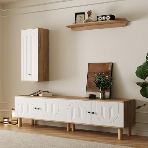 Meuble de salon, 3 pièces, idéal : buffet haut, armoires, armoire murale. Panneaux de porte sculptés blancs et en bois.
