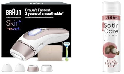 Braun Smart IPL 7 Skin i·expert – IPL Geräte Haarentfernung, Dauerhafte und Schmerzfreie Haarentfernung – inkl. Gratis App, Etui, Venus Rasierer, 4 smarte Aufsätze, Satin Care Intimpflege Rasiergel