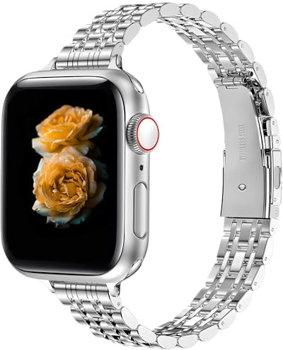 Slim Metal Band Compatible with Apple Watch Ultra3/2/1 SE3/2/1 Series11/10/9/8/7/6/5/4/3/2/1 Damernas Elegant Rostfritt Stålarmband för 38/40/41/42/44/45/46/49mm - Silver