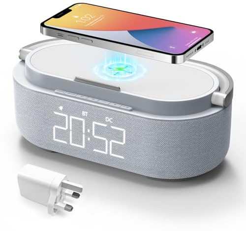 COLSUR Bluetooth Speaker, 15W Fast Wireless Charger, FM Radio, Bedside Night Light for Heavy Sleepers, Snooze, Dimmable LED Display, 2500mAh Battery USB Charging Port