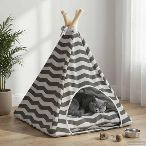 QUAHEAS Haustier-Tipi mit Kissen Weiß Grau 40 x 40 x 50 cm Polyester mit Kissen, kuscheliges Zelt, Schlafplatz für Katze Hund, waschbar, gemütlich und weich, ideal als Körbchen und Versteck