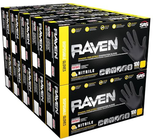 10 Pack SAS Safety 66517 Raven 6 mil Black Nitrile Disposable Gloves 7 Mil - Medium (10 boxes of 100 each)
