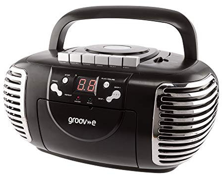Groov-e Retro Boombox CD Player with Cassette, FM Radio Tuner, 3.5mm AUX in Socket for Smartphones & LED Display - Black