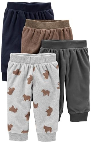 Simple Joys by Carter's Paquete de 4 pantalones de forro polar para bebé, Marrón/gris oscuro/estampado de oso gris claro/azul marino, 6-9 meses