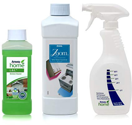 Amway Reinigungspaket - 1 x Sprayreiniger-Konzentrat ZOOM™ - 1 Liter + 1 x Sprühflasche mit Dosiergriff AMWAY HOME™ + 1 x Küchenreiniger L.O.C.™ - 500 ml