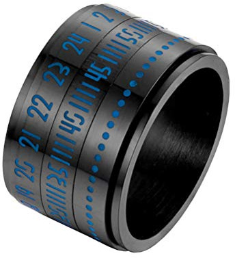 OAKKY Men's Stainless Steel Luminous Glow Lucky Dice Arabic Blue Numbers Spinner Rings Rotatable Calendar Clock Biker Band Black Size 9