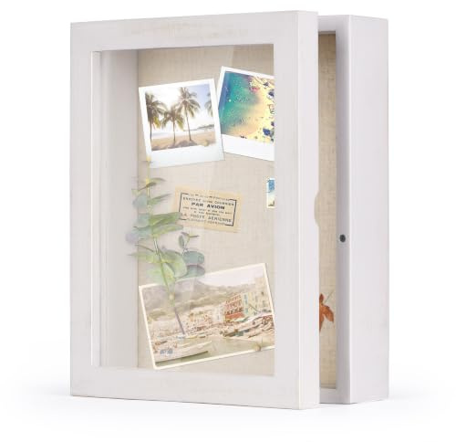 Love-KANKEI White 20x25x7cm Shadow Box Frame, Memory Box | 8x10x3in polished glass cover shadow box frame, linen back for pins, perfect for medals, memorabilia, photos, and bouquets