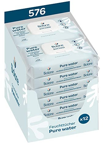 BIOLANE - Baby-Feuchttücher mit 99,9% Wasser - Pure Water - Packung mit 12 x 48 (576 Feuchttücher) - Für empfindliche Haut - Ab der Geburt - Duftfrei - Wechseln und Reinigungspflege