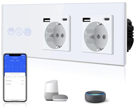 BSEED WiFi Smart Alexa Touch Rollenschalter + Doppelt 3 in 1 Steckdose mit 2.1 A USB Ladeleistung + Type C Adapter，Google Home Tuya Kompatibel, Glas Jalousien Schalter (Neutralleiter Benötigt) Weiß
