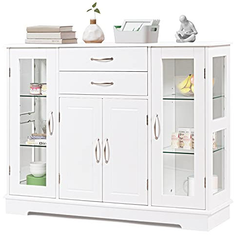 GOPLUS Aparador elegante de madera, armario de cocina con puertas de cristal y 2 cajones, armario de almacenamiento para cocina, comedor, baño, pasillo (blanco)