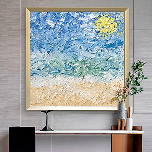 Acrylbilder,Moderne Abstrakte Blaue Textur Meereswellen Sonnenaufgang Landschaft Kunstwerk Rahmenlose Original Handgemalte Ölgemälde Auf Leinwand Wandkunst Für Wohnzimmer Schlafzimmer Büro Wohnk