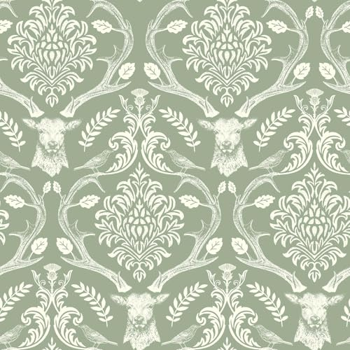 SOPHIE LAURENCE Damast-Tapete mit Hirsch-Motiv, Salbeigrün, Blumen, Vögel, Blumen-Tapete für Wand, Wohnzimmer, Schlafzimmer, Kleister des Papiers, 923706
