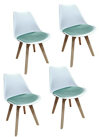 HTI living 4er Set Design-Stühle mit Sitzpolster Esszimmerstühle im skandinavischen Stil Esszimmerstuhl Kunststoffschale Samtbezug Holzfüße Weiß, Türkis