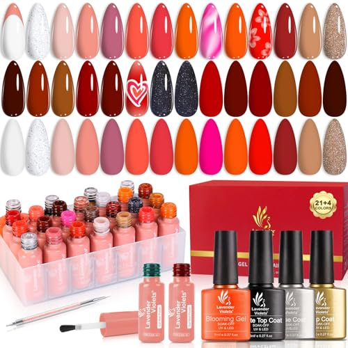Lavender Violets 26-teilig UV-Gel-Nagellack-Set, Mit roten, orangen & goldenen, Grundierung, blühender Gel-Unterlack, glänzender und matter Überlack, Punkte-Design, Zeichnen mit Nagelpinsel C402
