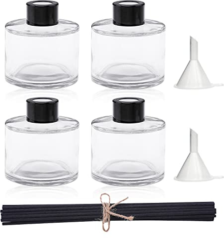 Agidea 4 botellas difusoras de vidrio de fragancia, botellas difusoras recargables con 20 varillas de junco, tapas negras y embudo, tarros difusores para decoración de fragancia de aceite para el