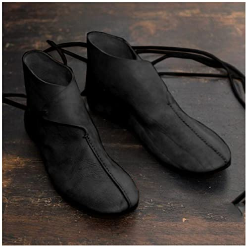 MANZH Renässans Medeltida Ankelstövlar för män Viking Knight Prince Skor Vintage PU Läderstövlar Korta platta skor Cosplay Pirat Kostym Tillbehör,Black,47