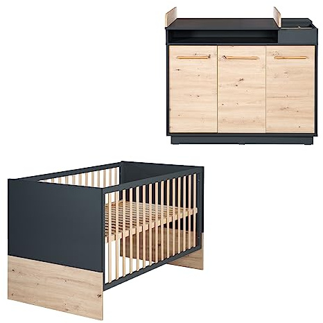 roba Möbelset 'Lenn' 2-teilig - Kombi-Kinderbett 70x140 + Wickelkommode breit - Anthrazit - Dekor 'Artisan Eiche'