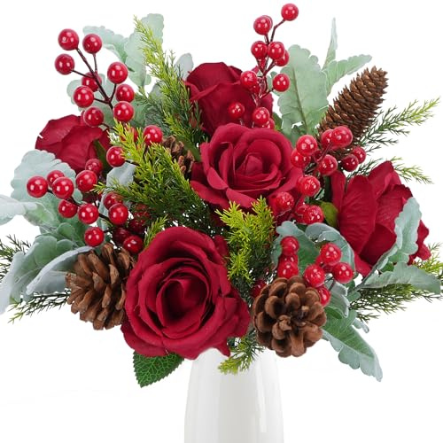MHMJON 18 künstliche Weihnachtsblumen, Blumenstrauß, gemischter Blumenstrauß, künstliche Tannenzweige, Beerenstiele, Tannenzapfen, rote künstliche Blumen für Weihnachten, Winter, Zuhause, Tischvase,