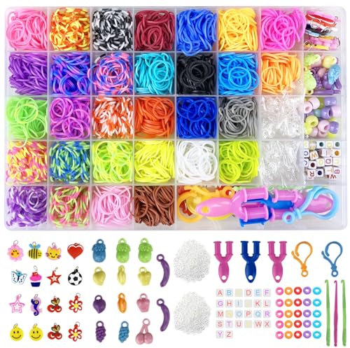 Gomas Para Hacer Pulseras Jsdoin 2700+ 40 Rejilla Gomas Elásticas Plásticas kit 30 Colores para Niños de Anillos y Collares de Bricolaje goma de telar con clips, cuentas y otros accesorios