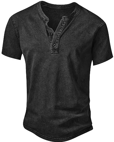 NITAGUT Henley Herren T-Shirt Baumwolle Leicht Slim Fit Kurzarm Freizeithemd Vintage Distressed Tee Shirts,Schwarz,XXL