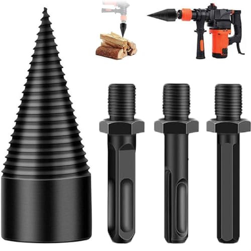 lurora2021 1 Jeu Mèche À Bois Fendeur de Mèches À Bois Foret de Fendage de Bois 32mm Fendeur de Buche Fendeuse Bois Cône Avec 3 Poignées de Forage pour perceuse Bois Fendeur de Bûches Électrique