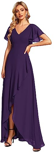 Ever-Pretty Vestito da Damigella Lungo con Volantes con Spacco Scollo a V Maniche Corte Elegante Abito da Damigella ES01749