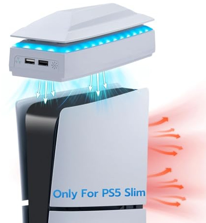Mcbazel Kühler für PS5 Slim mit 3-Geschwindigkeits-RGB-Beleuchtung, Oberer Kühlventilator und USB 2.0-Anschlüssen für PS5 Slim Disc/Digital Edition – Weiß(Nicht für PS5/PS5 Pro)