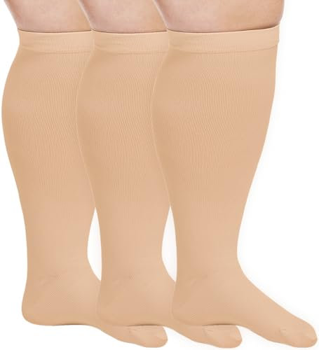 3 Paar Medizinische Kompressionsstrümpfe Damen & Herren 20-30 mmHg, Dicke Waden Stützstrümpfe für Medizinisch Krampfadern Ödeme Flug (3x Beige, XXL)