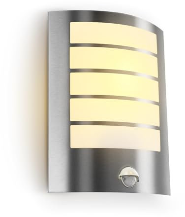 Kerry PIR Outdoor Wall Light, Outside Front Door Lighting Mains Powered Waterproof IP44 Exterior Lamp, Curved Stainless Steel Security Light with Motion Sensor, E27 Sconce for Porch (Bulb Excl.)