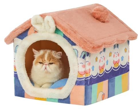 Jiupety Hundehöhle Kleine Hunde mit süßen Hasenohren, Hundehütte Indoor für Katze und Kleine Hunde, Hundehaus für Drinnen, Größe M Hundebett mit Dach, Rainbow Bunny