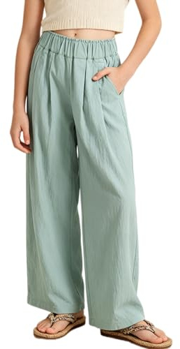 Rolanko Ragazze Pantaloni a Gamba Larga, Flowy Paperbag Pantaloni Palazzo Estivi con Tasche e Vita Elastica per Una vestibilità Ampia, Blu Mare, Taglia:170/13-15 Anni