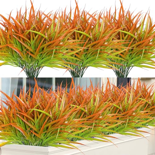 ASTNIC 8 Stück Künstliche Pflanzen Orange Kunstgras Outdoor Wetterfest | Künstliche Gräser Pflegefrei ohne Gießen Künstliche Balkonpflanzen Sträucher für Draußen Balkon Garten Terrasse Herbst Deko