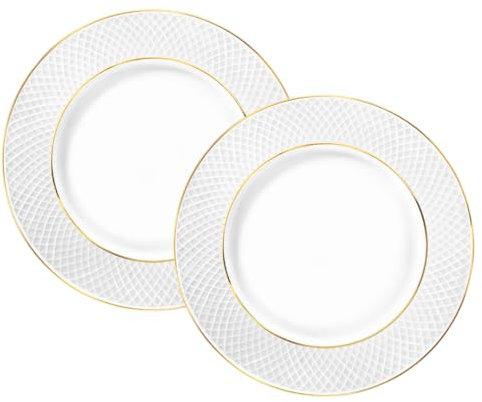 Wilmax - Piatti con motivo dorato - 2 pezzi - Ø 25,5 cm - piatti in porcellana bianca - Piatti da tavola - Lavabili in lavastoviglie - Piatti da colazione - Piatti da dessert