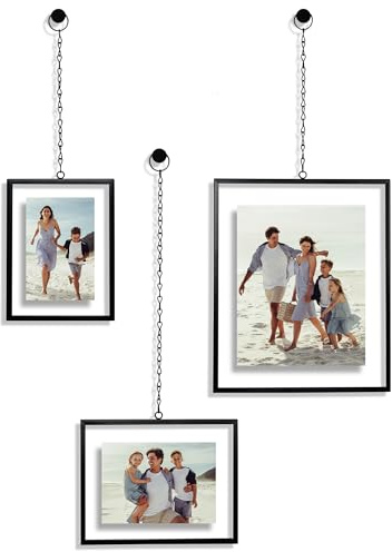 Americanflat Metal Floating Frame with Chain - Set of 3 - Use as 8x10, 5x7 or 4x6 Frame - Pressed Flower Display for Wall Decor - Elegant Black Molding with Shatter-Resistant Glass