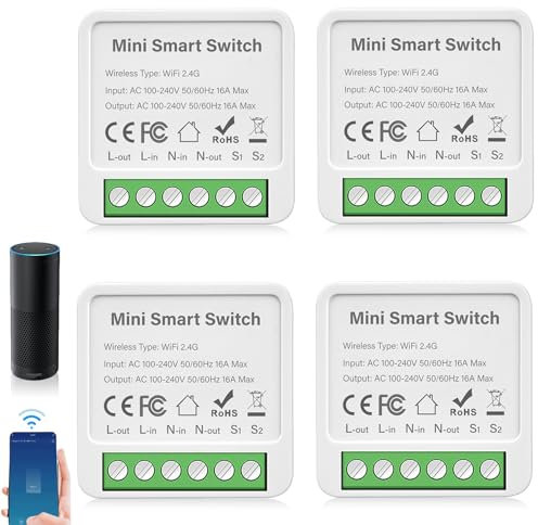 4 pezzi interruttore della luce intelligente modulo a 1 vie, interruttore della luce Smart Home, interruttore Smart Life, WLAN Mini interruttore fai da te, modulo relè compatibile con Alexa e Google