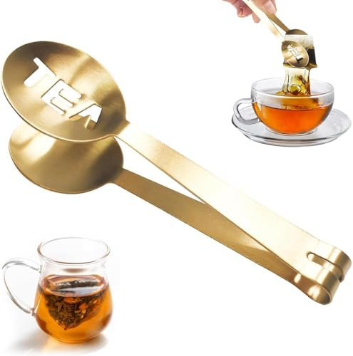 Tepåsar, presstång, tepåse, klämma, tetång, rostfritt stål te-filter, klämma, tepåse, silklämma, tepåsehållare för att greppa tesilsked för is-och sockerbitar, bar (guld)