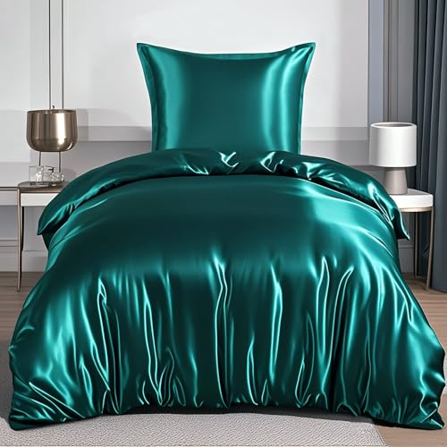 RUIKASI Juego de ropa de cama de satén de 140 x 200 cm, color verde oscuro, brillante, 140 x 200 cm, con cremallera y funda de almohada de 80 x 80 cm