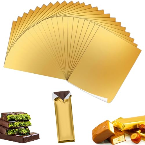 RNHDLY 100 Stück Schokoladen Verpackung Alufolie Gold 18x25cm Schokolade Verpackung Folie Papier Wrapper, Bonbonpapier, Perfekt für Schokoladen, Süßigkeiten Aufbewahrung