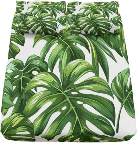 Lenzuola Una Piazza e Mezza Pianta Lenzuolo con Angoli in Microfibra Morbido - Altezza Materasso Fino a 30 cm, 3D Stampa Monstera Deliziosa Coprimaterasso Traspirante e Lavabile con 1 Federe P1811