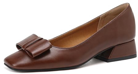 Lizoleor Decollete Donna Tacco Largo Punta Quadrata Senza Chiusura Scarpe Business Moda Pianta Larga Fiocco Stylish Marrone Numero 35 EU