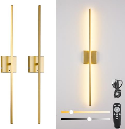 Battery Operated Wall Sconces With Remote Control, Set of Two,USB Rechargeable Wall Light,8000mah, 3 Color Temperature, LED Dimmable Cordless Touch Wall Lamp,360° Rotation Wall Decor,Gold,100CM