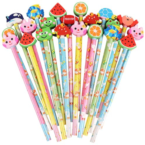 VEYLIN 50Pcs Pencil with Eraser Toppers Kids Wooden Lead Pencils Set for Party Bag Fillers Animal Pencils with Cute Rubbers for School Class Gifts（Random Style）
