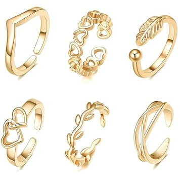 6 st tåringar set gemensamma ring för kvinnor flickor justerbara lotus tåringar svans finger blomma ringar set 6 st strand fotring smycken, Silver, Ingen ädelsten